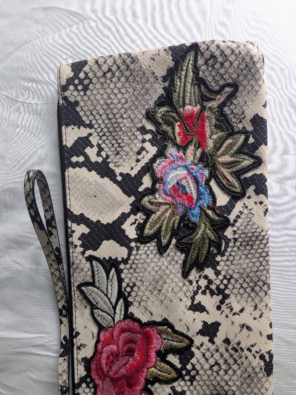 Faux Snakeskin Wristlet Clutch with Embroidered Floral Patches